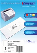 Unistat 38940 Laser Inkjet Copier Labels 297 x 210mm 1 Per Sheet Box 100