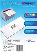 Unistat 38936 Laser Inkjet Copier Labels 98 x 254mm 20 Per Sheet Box 100