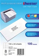 Unistat 38934 Laser Inkjet Copier Labels 105 x 74mm 8 Per Sheet Box 100